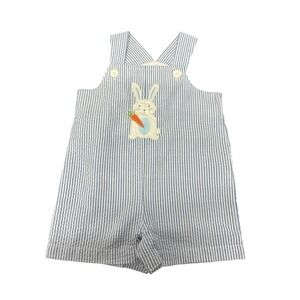 Good Lad Blue White Seersucker Embroidered Easter Bunny Shortall 6-9 Months